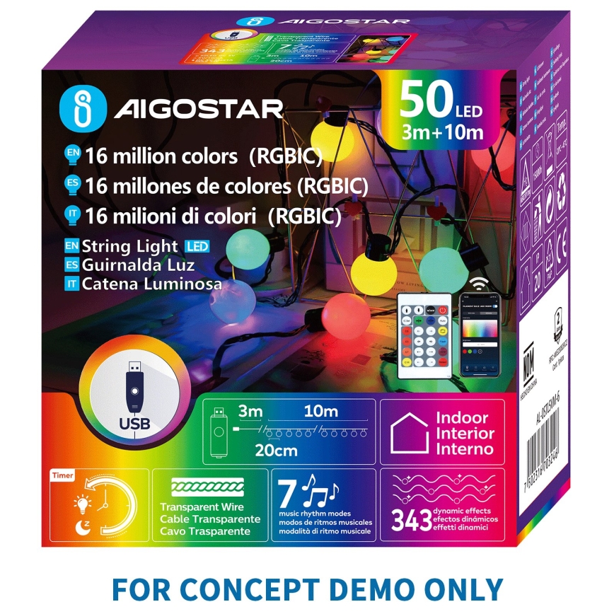 Aigostar - LED RGBIC Decorative string lights 25xLED/5W/USB 5 m multicolor