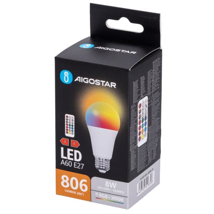 Aigostar - LED RGBW Dimmable Bulb A60 E27/8W/230V 3000K + Remote Control