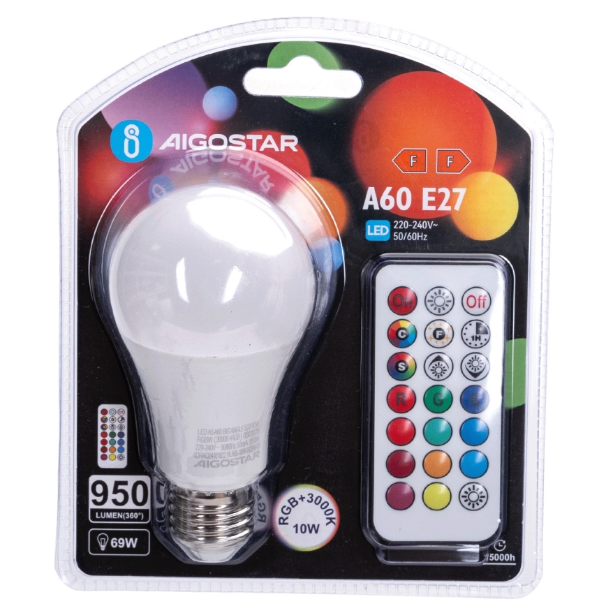 Aigostar - LED RGBW Dimmable Bulb E27/10W/230V 3000K + remote control