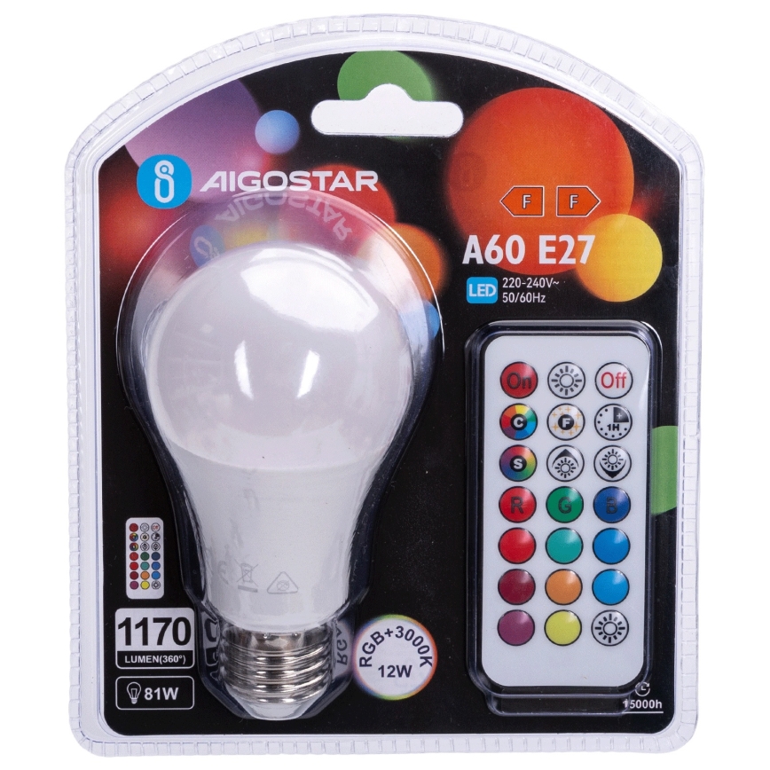 Aigostar - LED RGBW Dimmable bulb E27/12W/230V 3000K + remote control