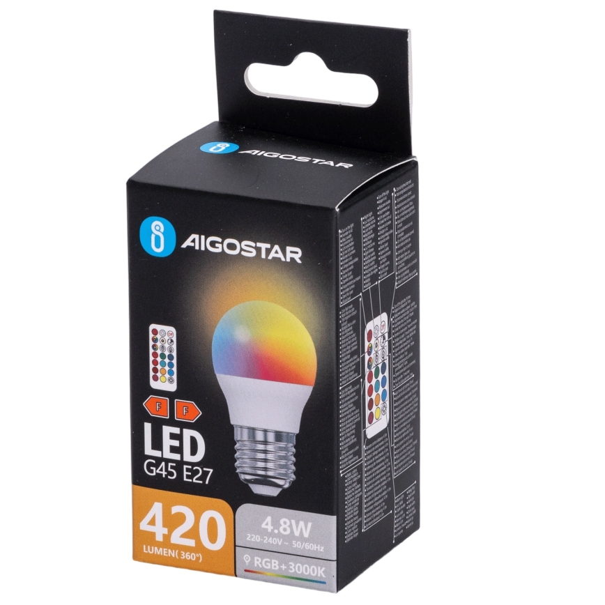Aigostar - LED RGBW Dimmable Bulb G45 E27/4.8W/230V 3000K + Remote Control