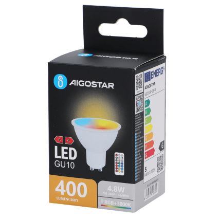 Aigostar - Dimmable LED RGBW GU10 Bulb, 4.8W, 230V, 3000K + Remote Control
