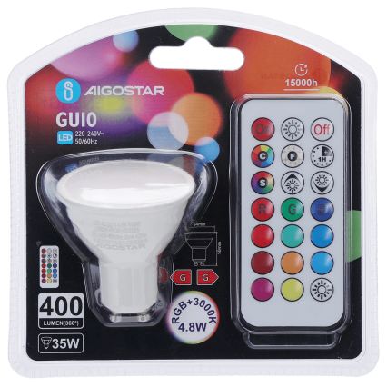 Aigostar - Dimmable LED RGBW GU10 Bulb 4.8W/230V 3000K + Remote Control