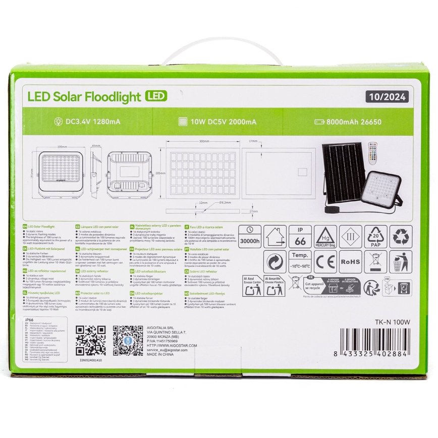 Aigostar - LED RGBW Dimmable solar floodlight LED/100W/3,4V IP66 + remote control