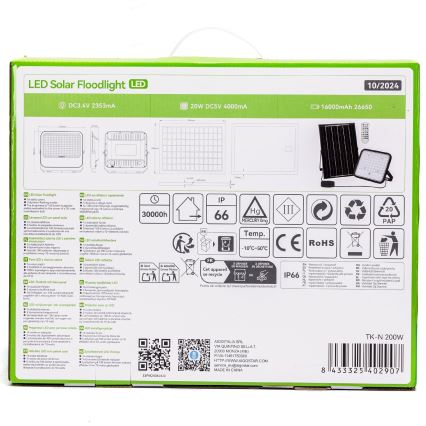 Aigostar - LED RGBW Dimmable solar floodlight LED/200W/3,4V IP66 + remote control