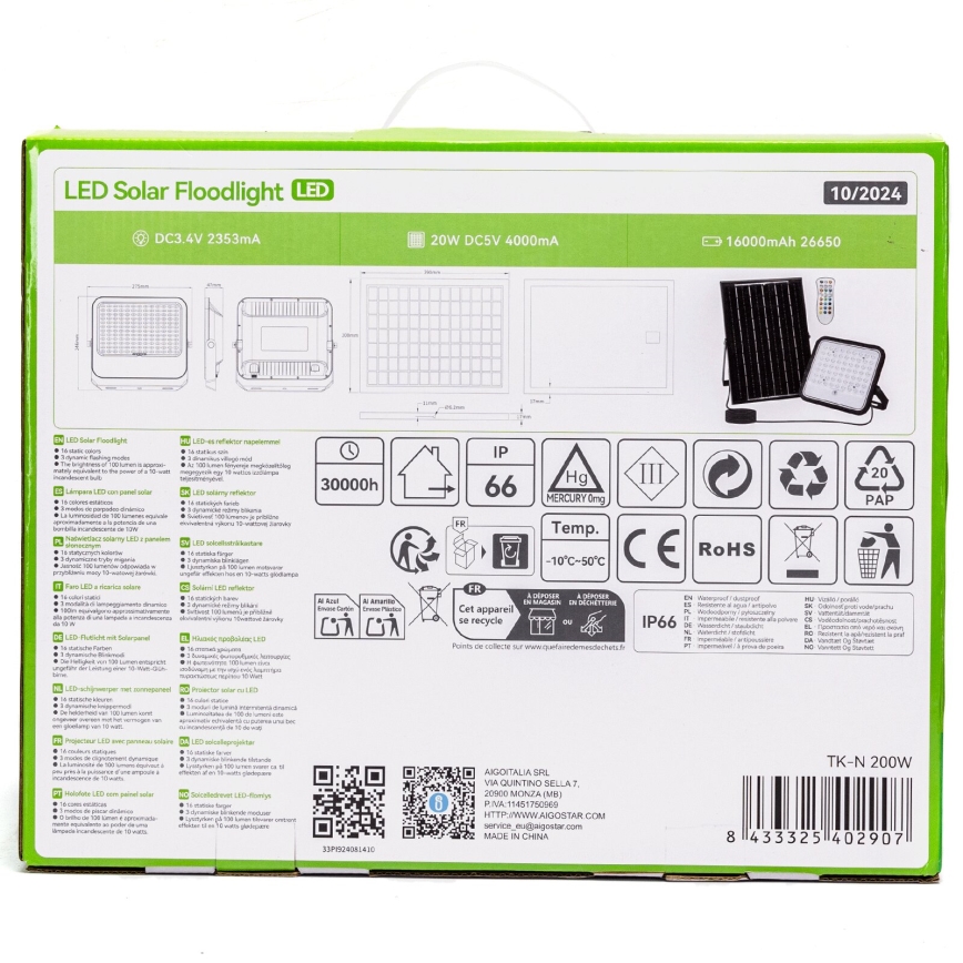 Aigostar - LED RGBW Dimmable solar floodlight LED/200W/3,4V IP66 + remote control