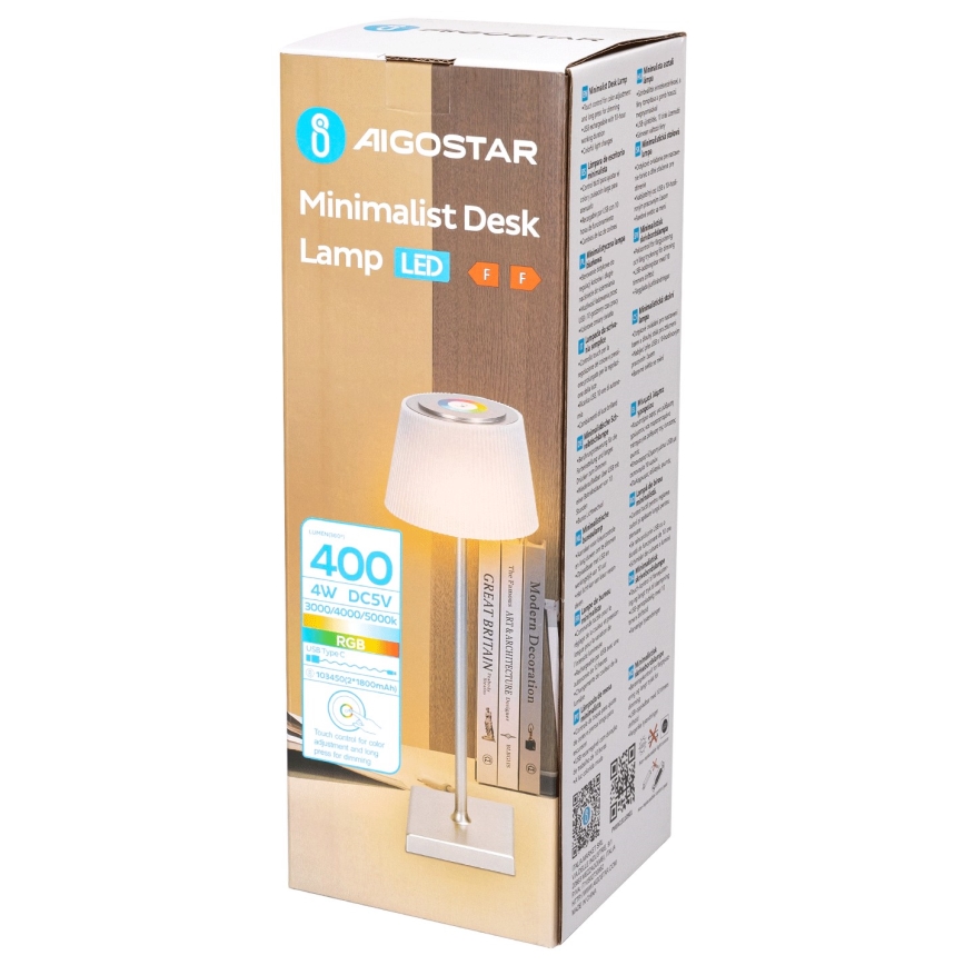 Aigostar - LED RGBW Outdoor dimmable rechargeable table lamp LED/4W/5V 3600mAh white/matte chrome IP54