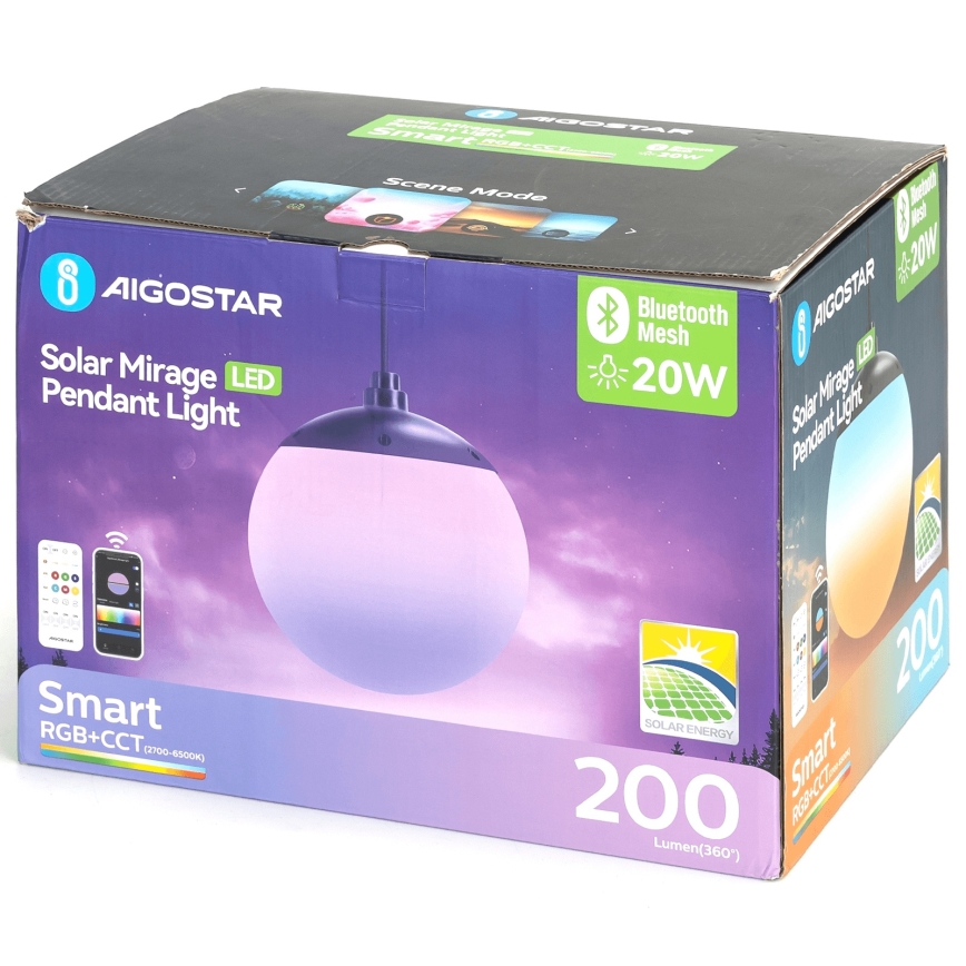 Aigostar - LED RGBW Dimmable Solar Pendant Light MESH LED/20W/3,7V 4000 mAh 2700K-6500K IP65 dia. 15 cm