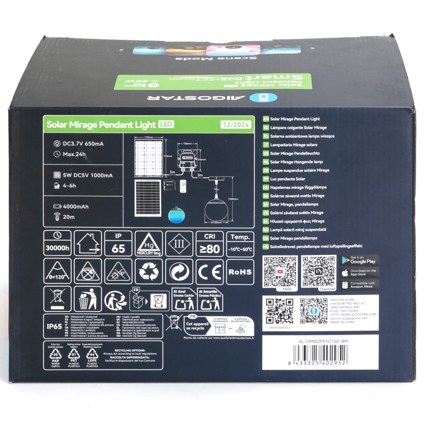 Aigostar - LED RGBW Dimmable solar chandelier MESH LED/20W/3,7V 4000 mAh 2700K-6500K IP65 d. 15 cm