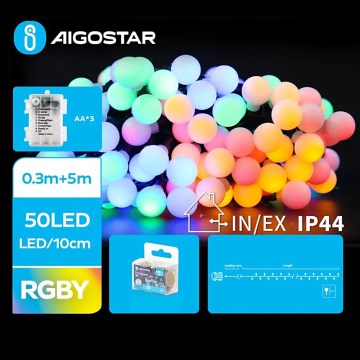 Aigostar - LED RGBY Outdoor Christmas chain 50xLED/3xAA/8 functions 5,3 m IP44