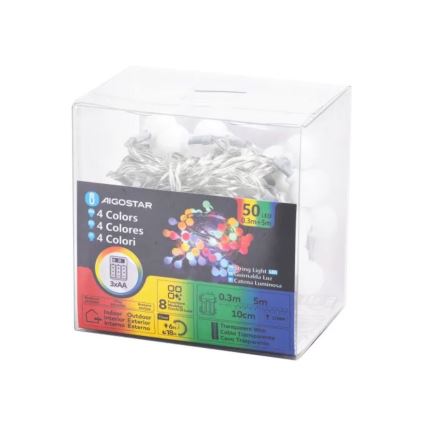 Aigostar - LED RGBY Outdoor Christmas chain 50xLED/3xAA/8 functions 5,3 m IP44
