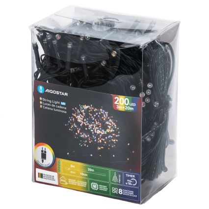 Aigostar - LED Outdoor Christmas String Lights, 200 LEDs, 8 Lighting Modes, 20 m, IP44, Multicolor