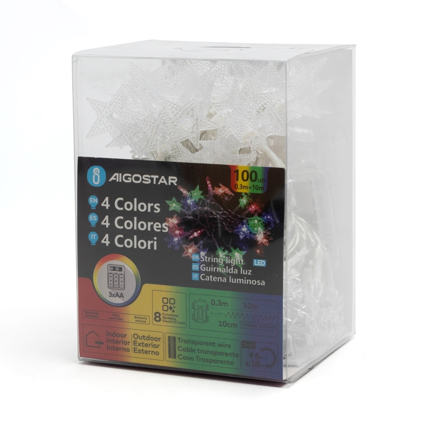 Aigostar - LED RGBY Outdoor Christmas String Lights, 100 LEDs, 8 Lighting Modes, 3xAA, 10m, IP44, Star-Shaped