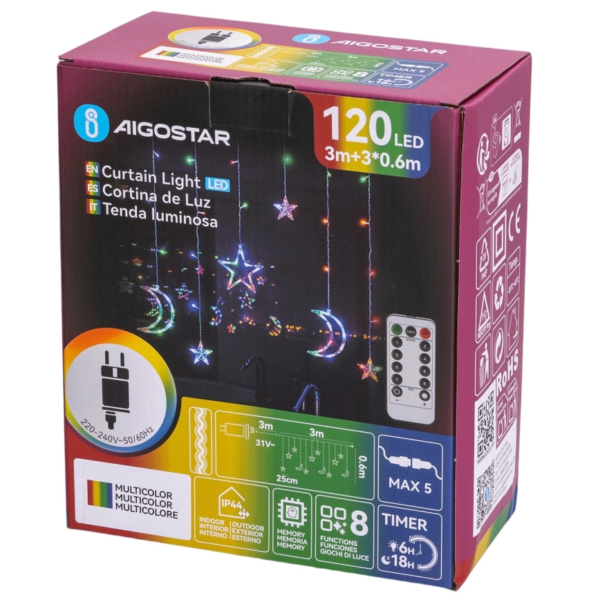Aigostar - LED RGBY Outdoor Christmas string lights 120xLED/8 functions 3x0,6m IP44 multicolor + remote control