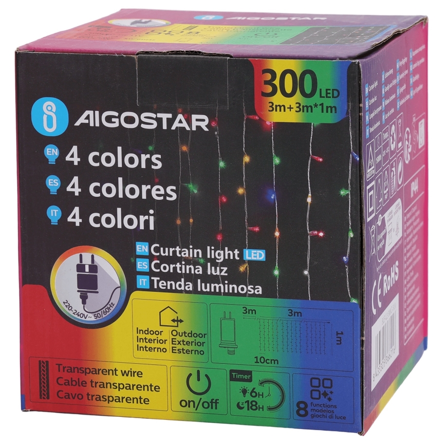 Aigostar - LED RGBY Outdoor string lights, 300 LEDs / 8 modes, 3×1 m, IP44 + remote control
