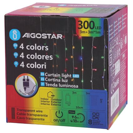 Aigostar - LED RGBY Outdoor Christmas String Lights 300 LEDs/8 Modes 3x1m IP44 + Remote Control