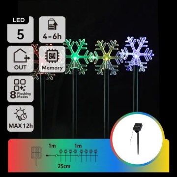 Aigostar - LED RGBY Solar Christmas Light, 5xLED / 1.2V / 8 modes, 1 m, IP65, 800 mAh, snowflake design
