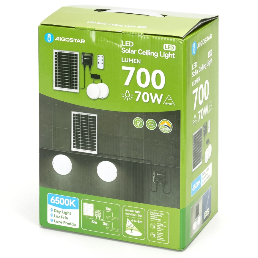 Aigostar - LED Solar Ceiling Light with Sensor, 2x LED, 35 W, 3.7 V, 6000 mAh, IP65 + Remote Control