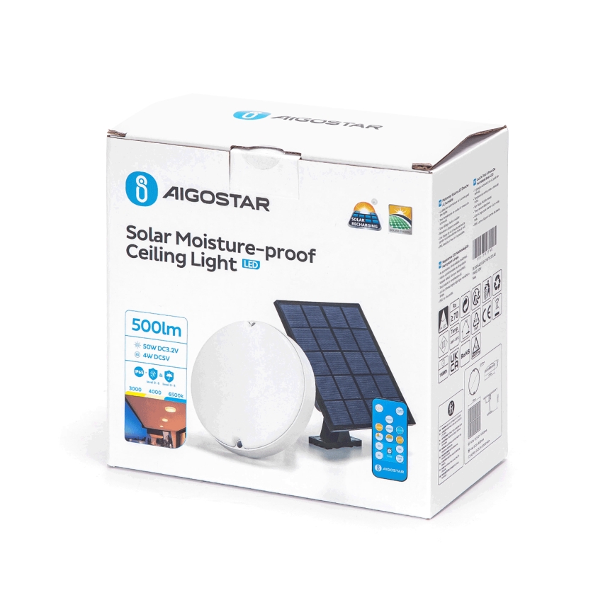 Aigostar - LED Dimmable solar ceiling light LED/3,2V 3000K/4000K/6500K IP65 + remote control