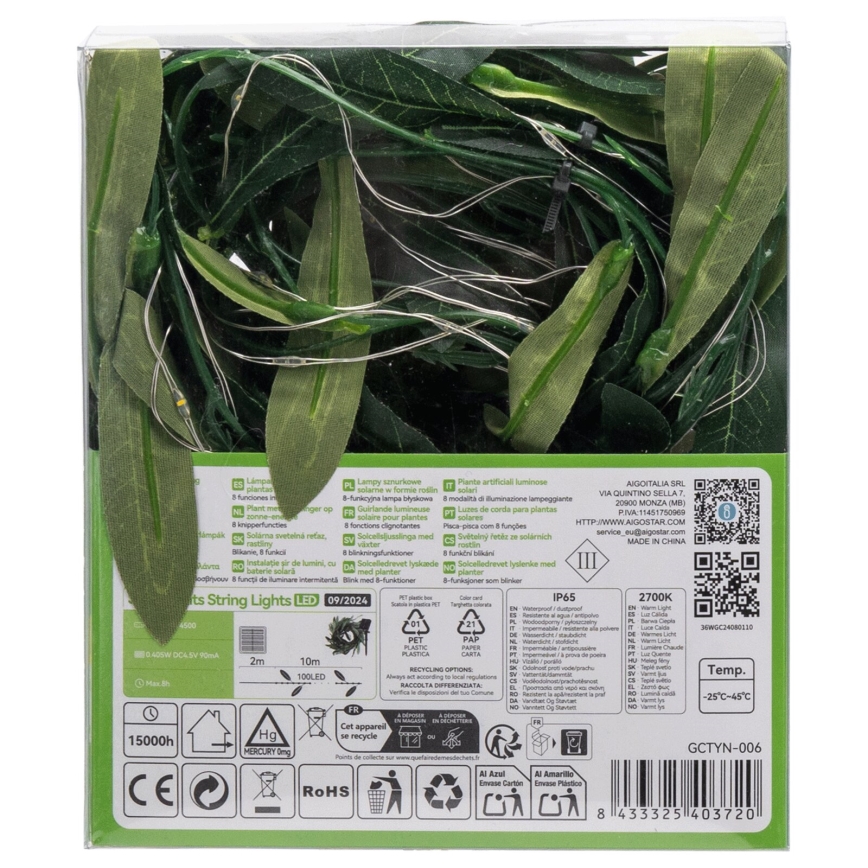 Aigostar - LED Solar chain 100xLED/12m IP65 warm white olive