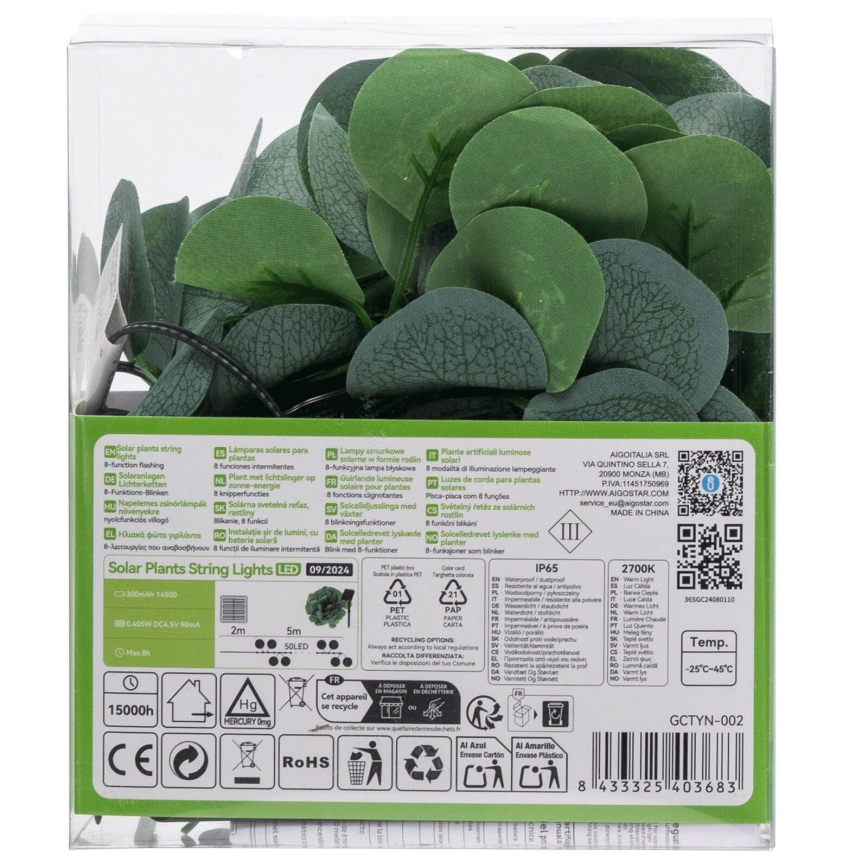 Aigostar - LED Solar chain 50xLED/7m IP65 warm white eucalyptus