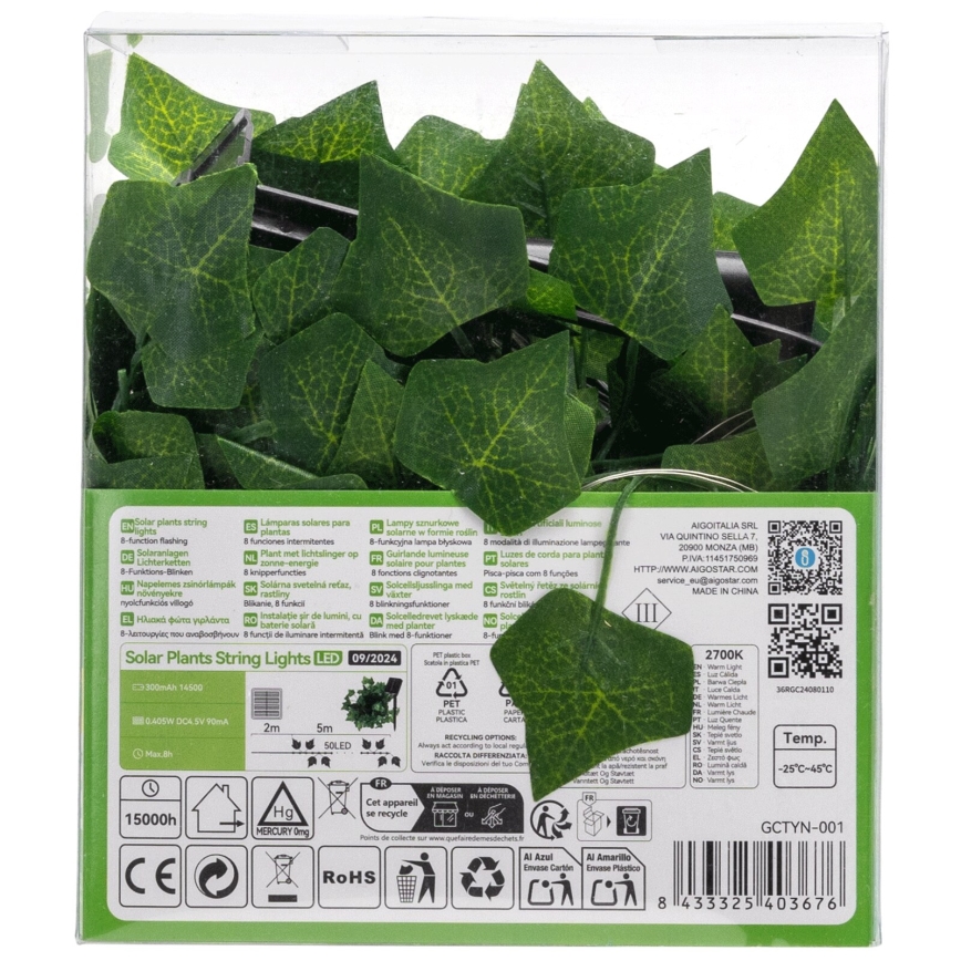 Aigostar - LED Solar chain 50xLED/7m IP65 warm white ivy