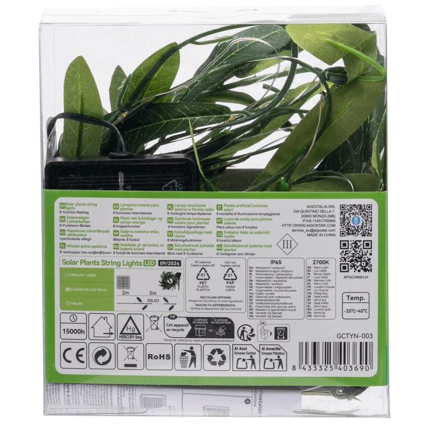 Aigostar - LED Solar chain 50xLED/7m IP65 warm white olive