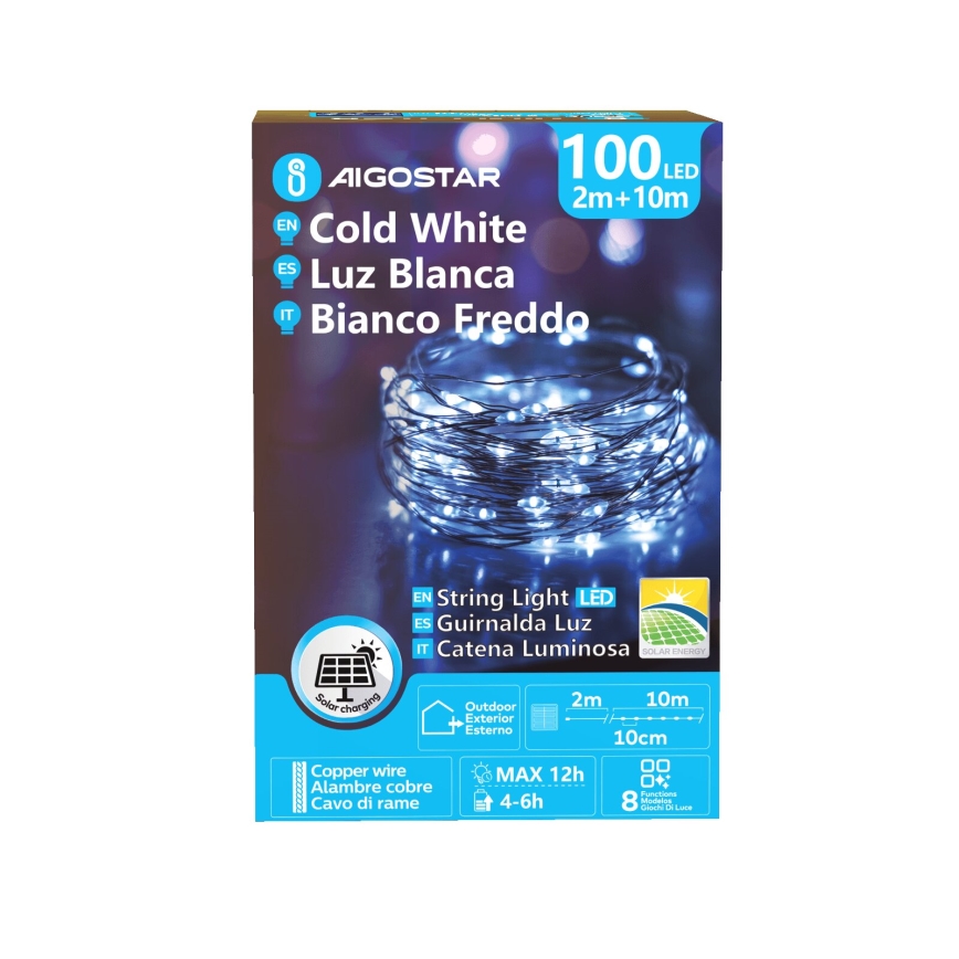 Aigostar - LED Solar Christmas chain 100xLED/8 functions 12m IP65 cool white