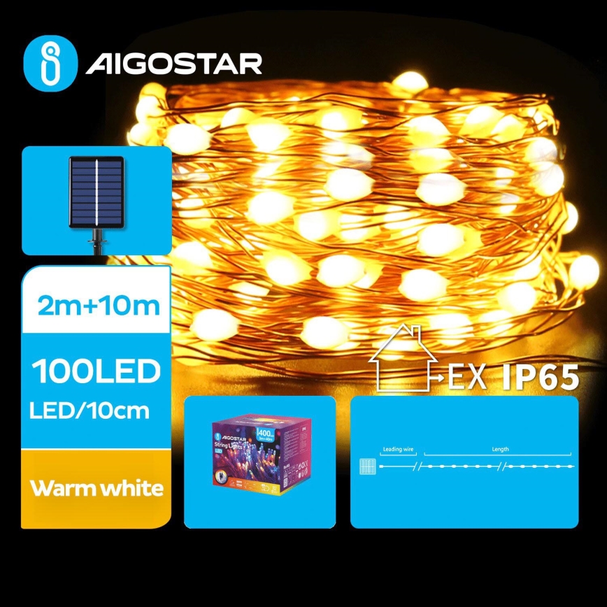 Aigostar - LED Solar Christmas chain 100xLED/8 functions 12m IP65 warm white