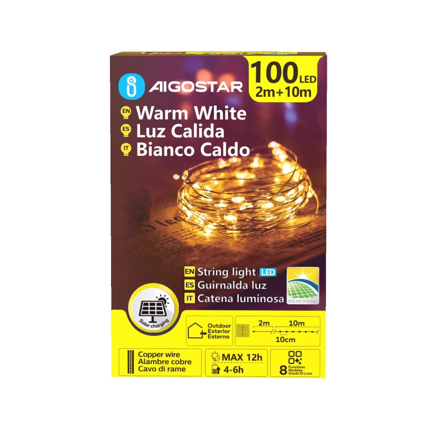Aigostar - LED Solar Christmas chain 100xLED/8 functions 12m IP65 warm white
