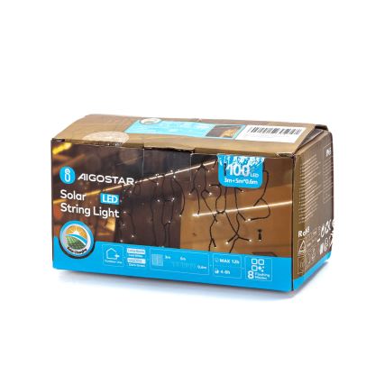 Aigostar - LED Solar Christmas chain 100xLED/8 functions 8x0,6m 500 mAh IP65 cool white