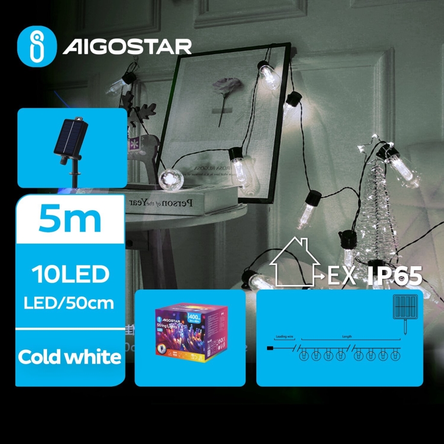 Aigostar - LED Solar Christmas chain 10xLED/8 functions 6,5m IP65 cool white