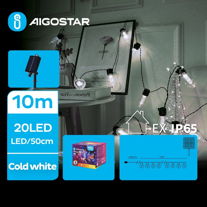 Aigostar - LED Solar Christmas chain 20xLED/8 functions 11,5m 1200 mAh IP65 cool white