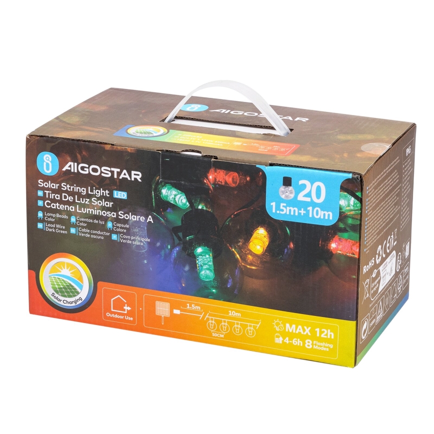 Aigostar - LED Solar Christmas chain 20xLED/8 functions 11,5m IP65 multicolor