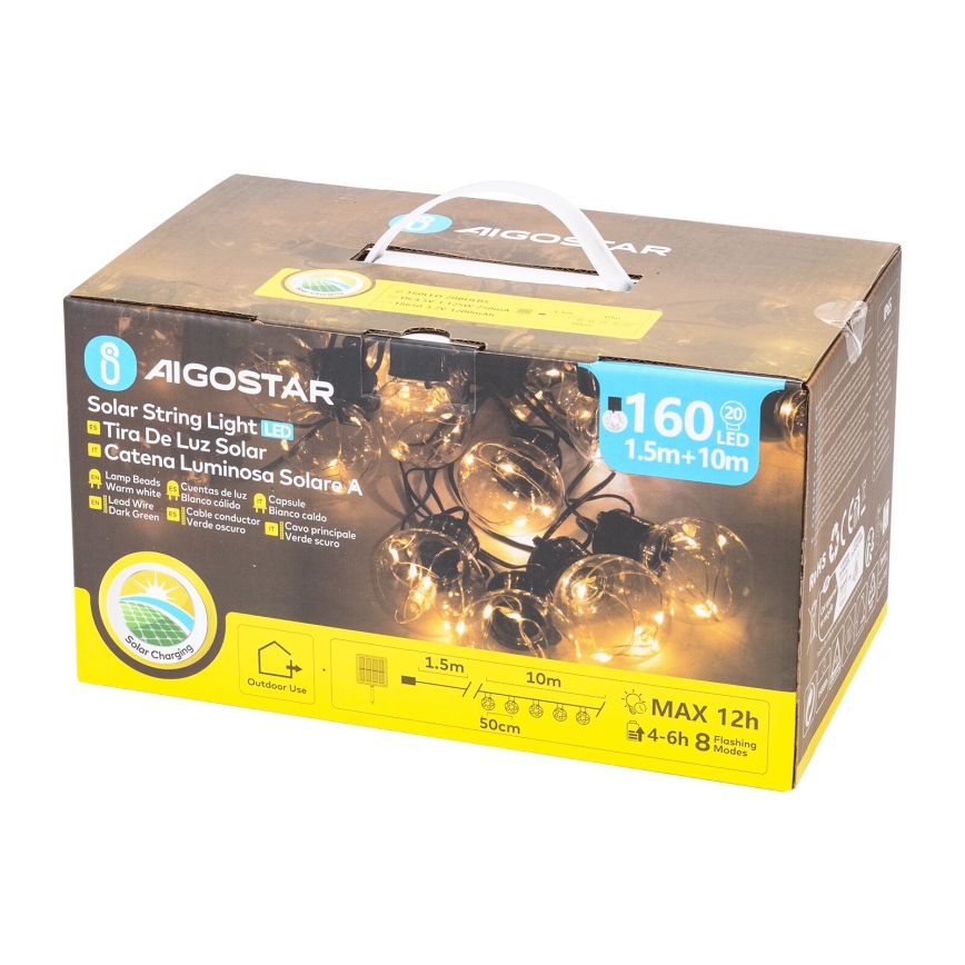 Aigostar - LED Solar Christmas chain 20xLED/8 functions 11,5m IP65 1200 mAh warm white