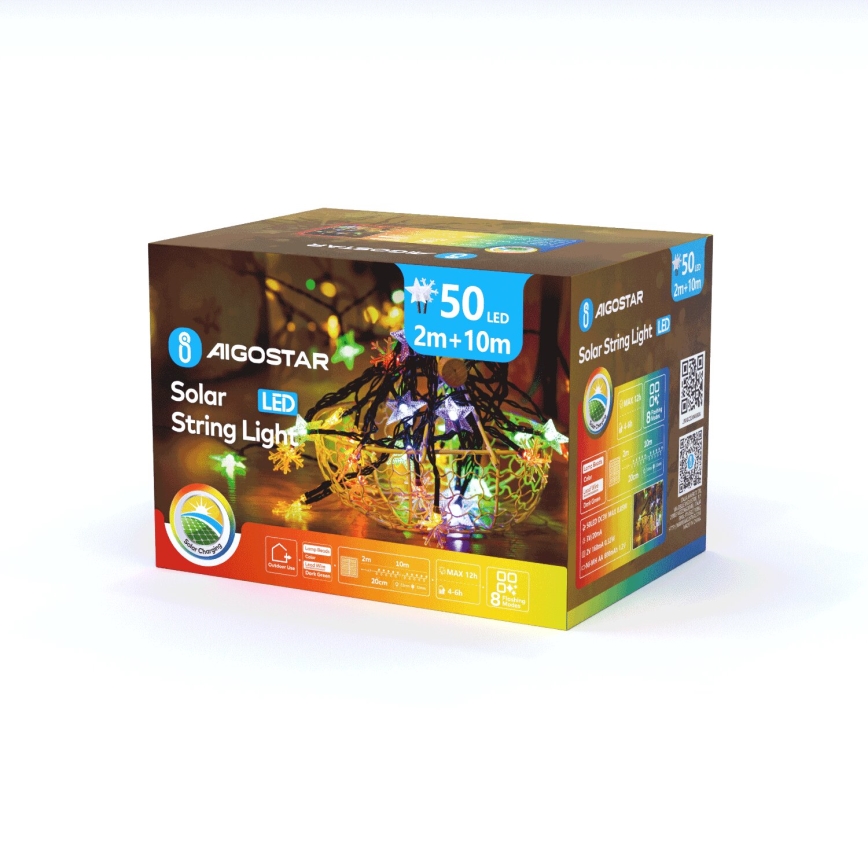 Aigostar - LED Solar Christmas chain 50xLED/8 functions 800 mAh 12m IP65 multicolor