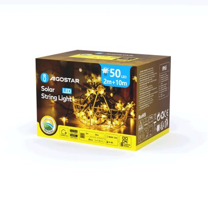 Aigostar - LED Solar Christmas chain 50xLED/8 functions 12m IP65 warm white