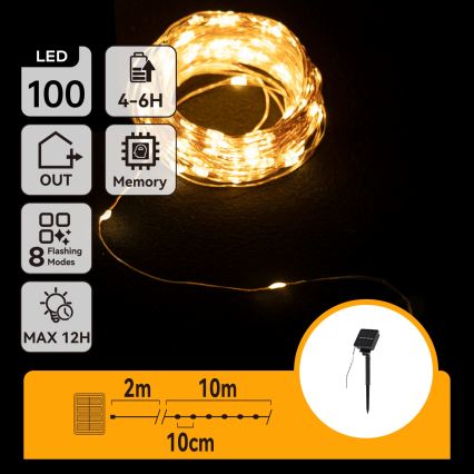 Aigostar - LED Solar Christmas String Lights 100xLED/8 functions 12m 800 mAh IP65 warm white