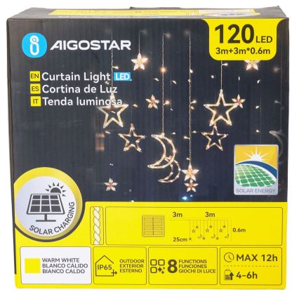 Aigostar - LED Solar String Lights, 120 LEDs / 8 Modes, 3 x 0.6 m, 500 mAh, IP65, Warm White
