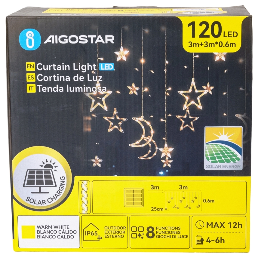 Aigostar - LED Solar String Lights, 120 LEDs / 8 Modes, 3 x 0.6 m, 500 mAh, IP65, Warm White