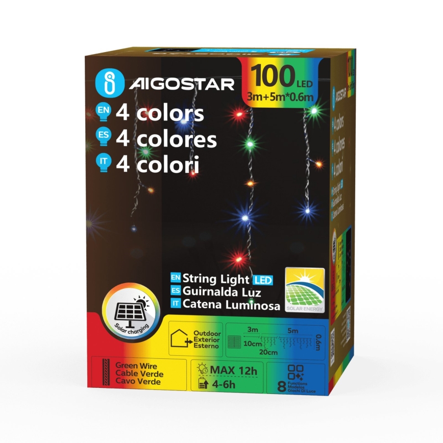 Aigostar - LED Solar Christmas string lights 100xLED/8 functions 8x0.6m 800 mAh IP65 multicolor