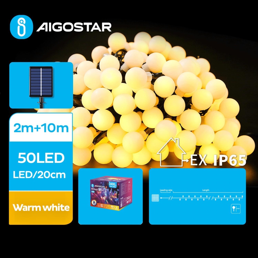 Aigostar - LED Solar decorative chain 50xLED/8 functions 12m IP65 warm white