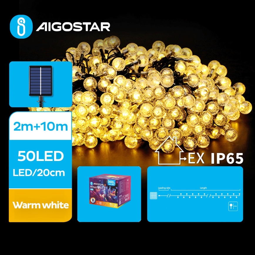Aigostar - LED Solar decorative chain 50xLED/8 functions 12m IP65 warm white
