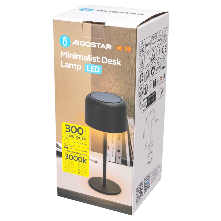 Aigostar - LED Solar dimmable rechargeable table lamp LED/3W/5V 2200mAh black IP54