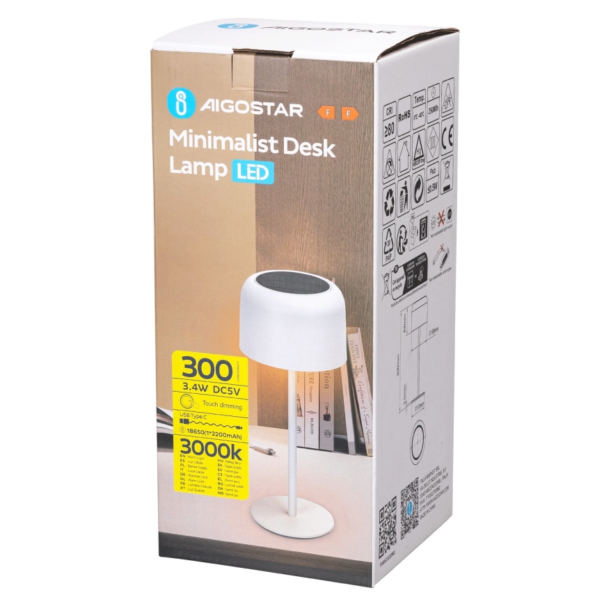 Aigostar - LED Solar dimmable rechargeable table lamp LED/3W/5V 2200mAh white IP54
