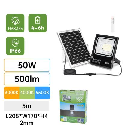 Aigostar - LED Solar Floodlight LED/50W/3.2V 1200mAh 3000K/4000K/6500K IP66 + remote control