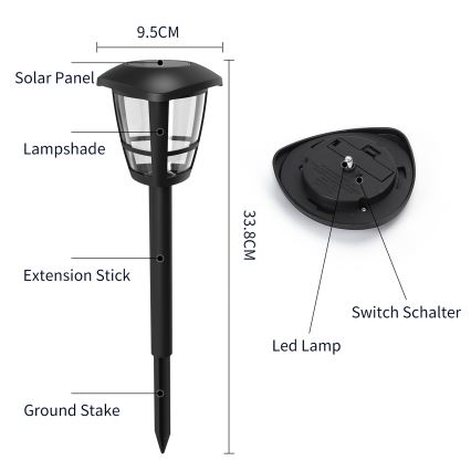 Aigostar - LED Solar lamp LED/0,06W/2V 100 mAh 33,8 cm 6500K IP44 black