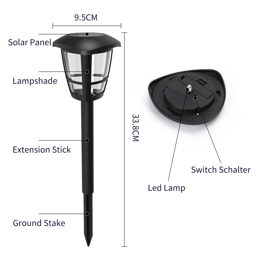 Aigostar - LED Solar lamp LED/0,06W/2V 100 mAh 33,8 cm 6500K IP44 black