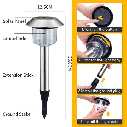 Aigostar - LED Solar lamp LED/0,08W/2V 36,6 cm 3000K IP44 matte chrome