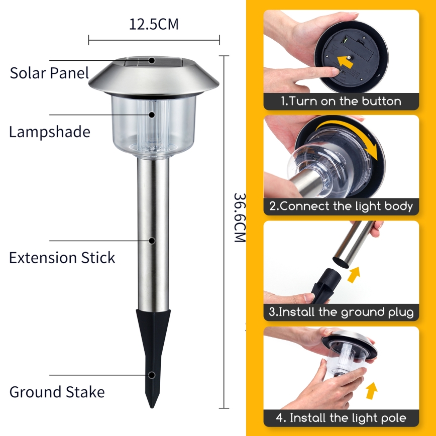 Aigostar - LED Solar lamp LED/0,08W/2V 36,6 cm 3000K IP44 matte chrome